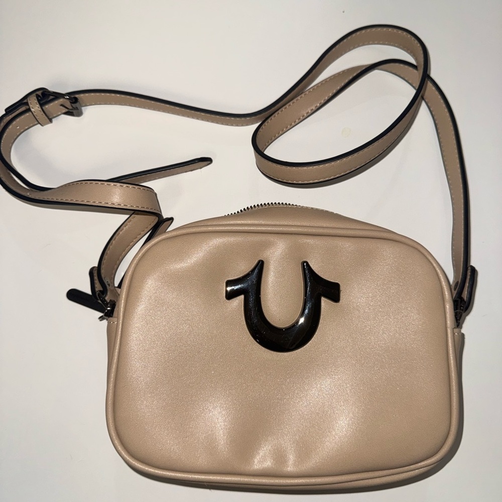 True Religion Tan Crossbody Bag with Black Emblem